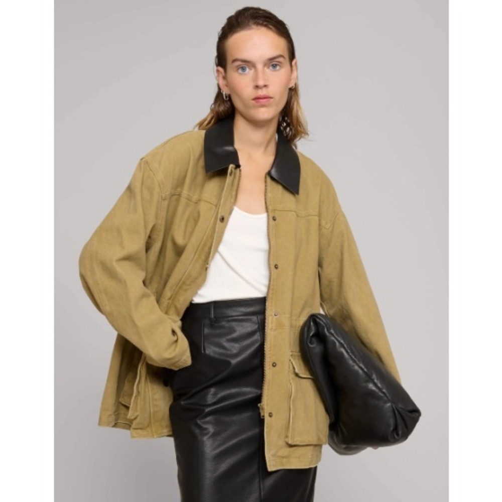 Pixie Market Khaki Canvas Faux Leather Collar Barn Jacket Small Oversized Boxy